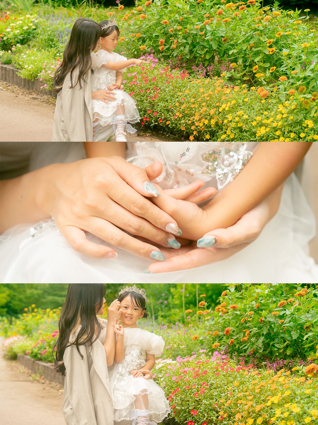 A mother and young daughter share tender moments in a colorful flower garden, with a close-up of their hands gently intertwined.