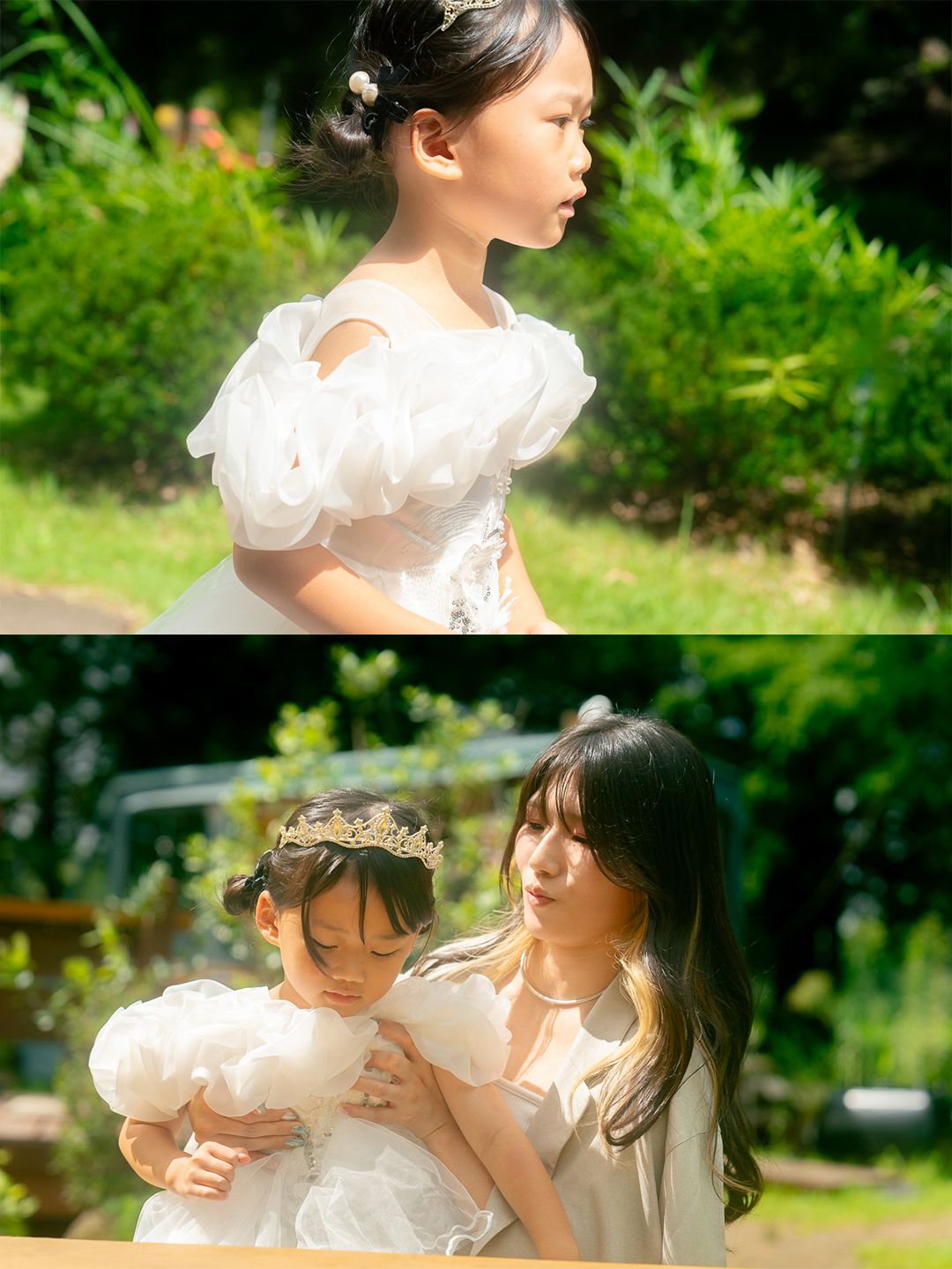 A young girl in a white ruffled dress poses outdoors, while a woman in sage green embraces a toddler wearing a tiara.