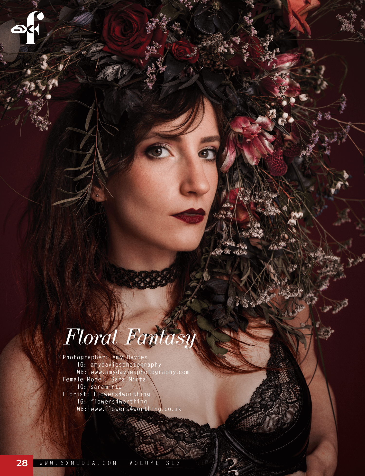 Sara is a white female looking at camera wearing a bra and huge floral bouquet on her head