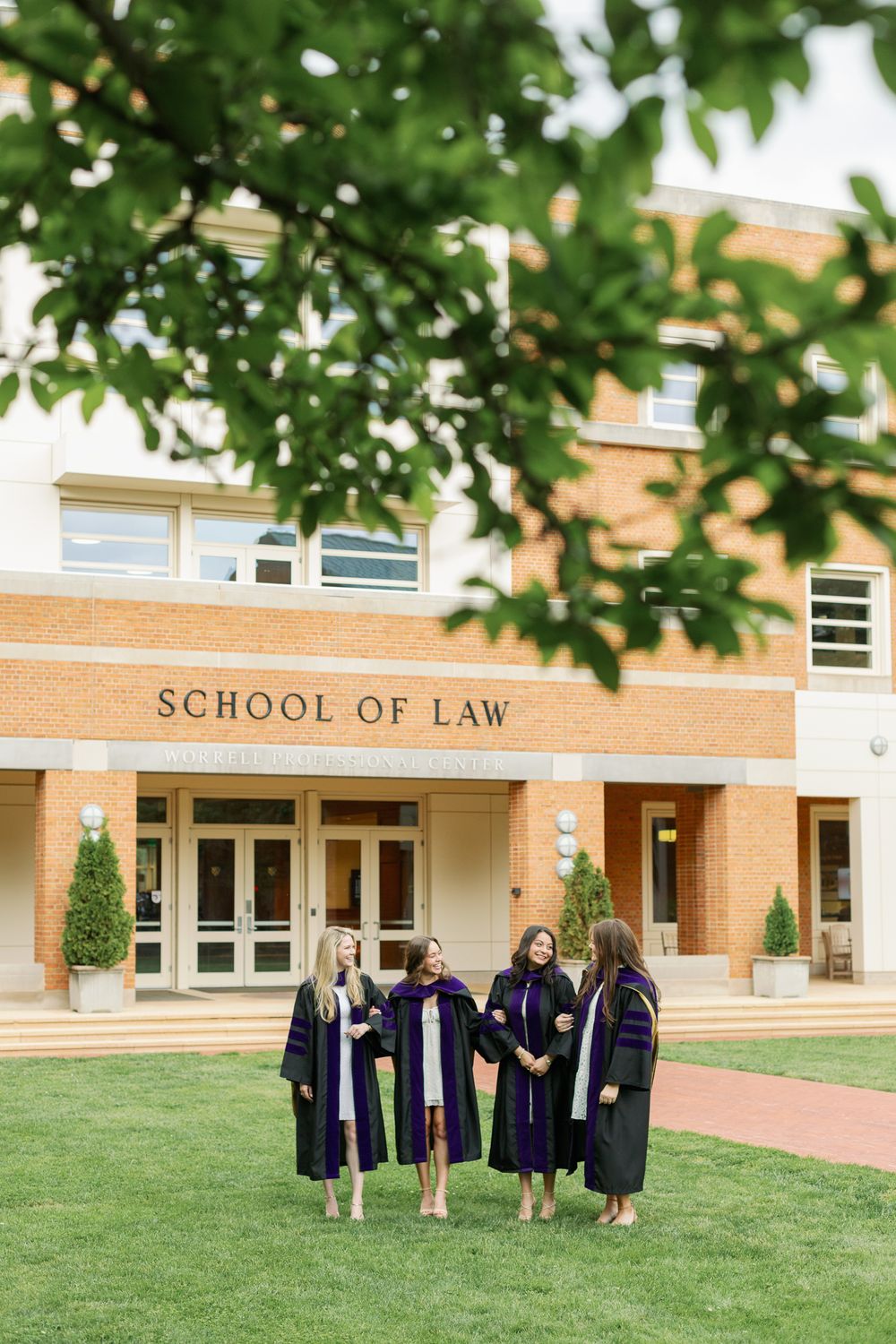 Graduates in black and purple regalia gather on the lawn of the School of Law.
