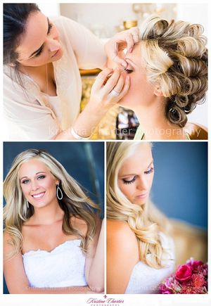 Wedding preparation collage showing makeup application and bridal portraits.