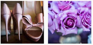Pink high heel wedding shoes beside purple roses in soft focus.