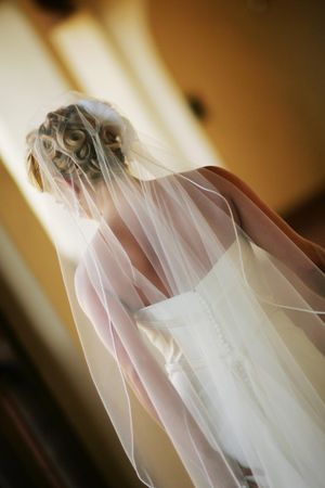 Artistic back view of bride's veil and hairstyle in warm lighting.