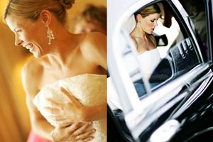 Split image of a bride in white dress - one in golden light, one entering a car.