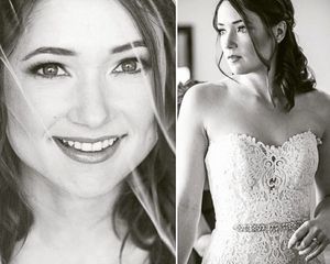 Black and white portraits showcase elegant lace wedding dress details.
