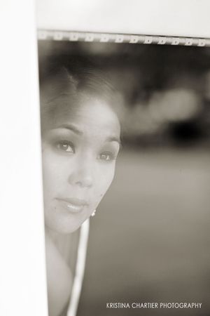 Artistic black and white portrait photo through bridal veil with soft lighting.