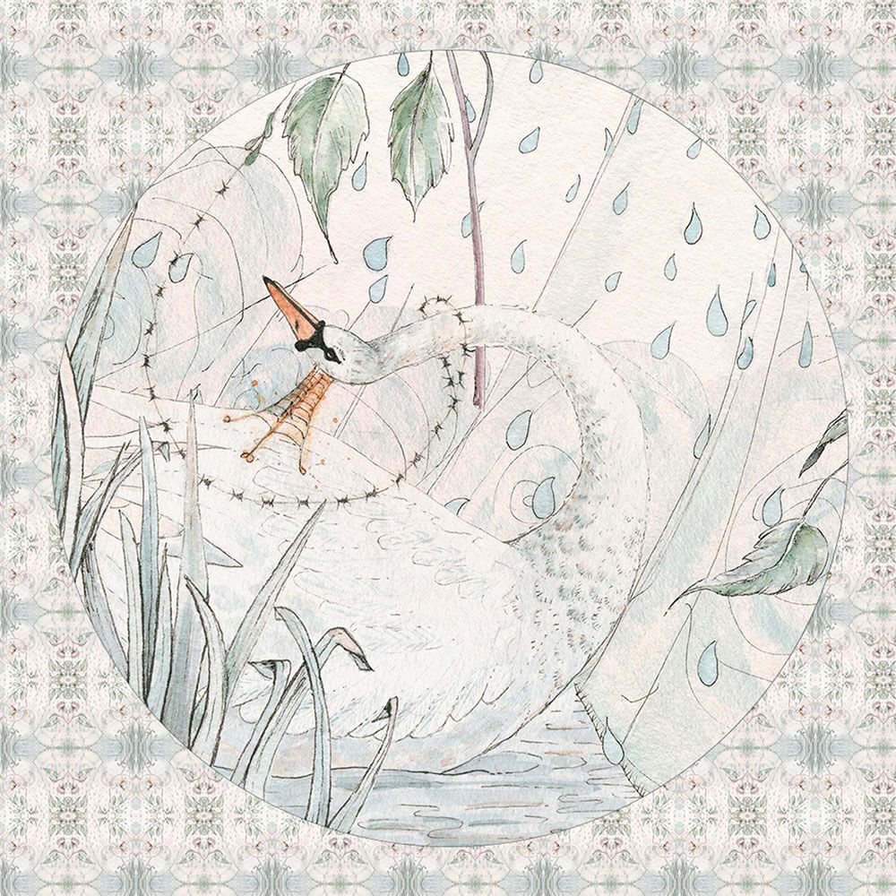 Delicate watercolor illustration of a white swan nesting in reeds with raindrops falling, framed in a circle with floral border.