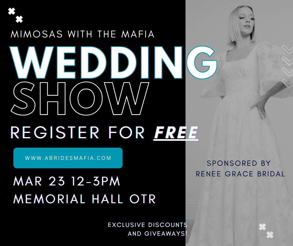 Black and white promotional flyer for a wedding show event featuring bridal giveaways at Memorial Hall on March 23rd.