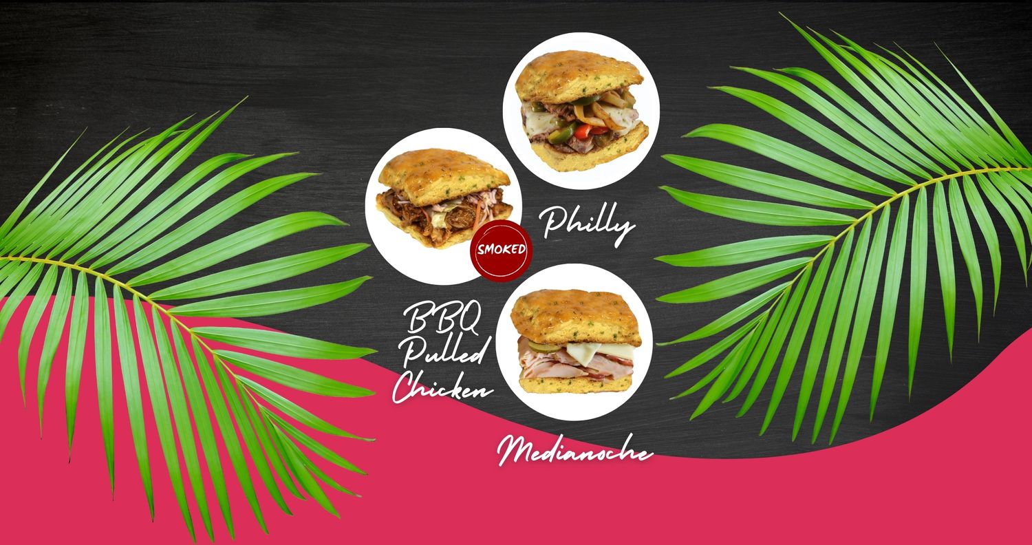 Menu with black and pink background, green palm leaves, and images of BBQ pulled chicken, Philly, Medianoche sandwiches.