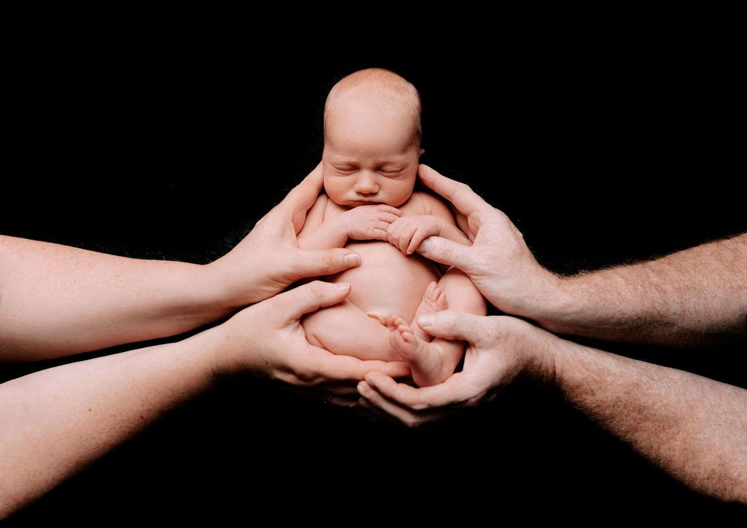 newborn baby girl safe in her parents hands holding her fathers thumb
