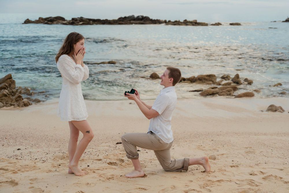 Wedding couple embracing during golden hour in Los Cabos