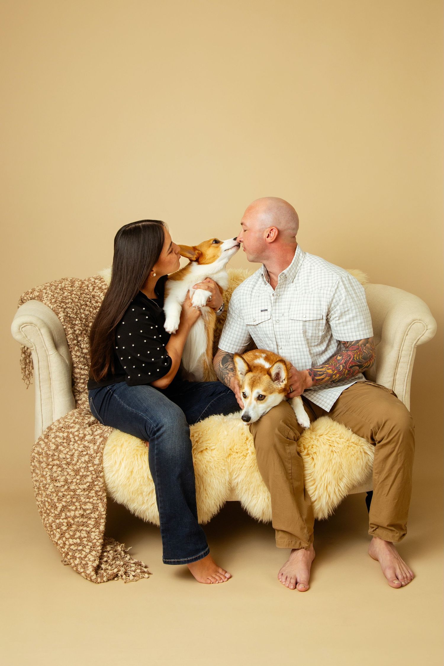 Studio portrait of Priscilla Watts with her husband Perry and their two Corgi dogs Goose and Bridget at Bella Priscilla Photography NBTX