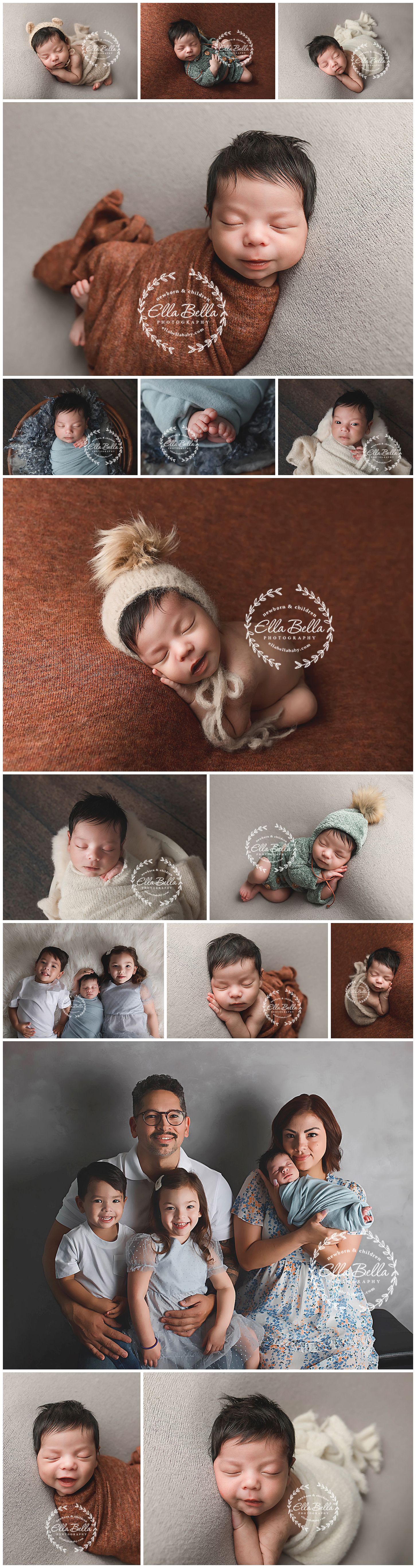 Professional baby photo collection featuring newborn in cozy knit outfits and family portraits.