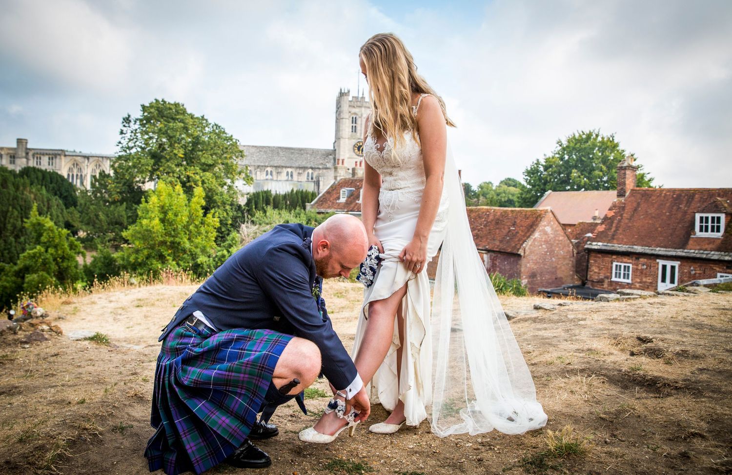 Wedding photography sequence showing details of shoes and dress against a garden backdrop.