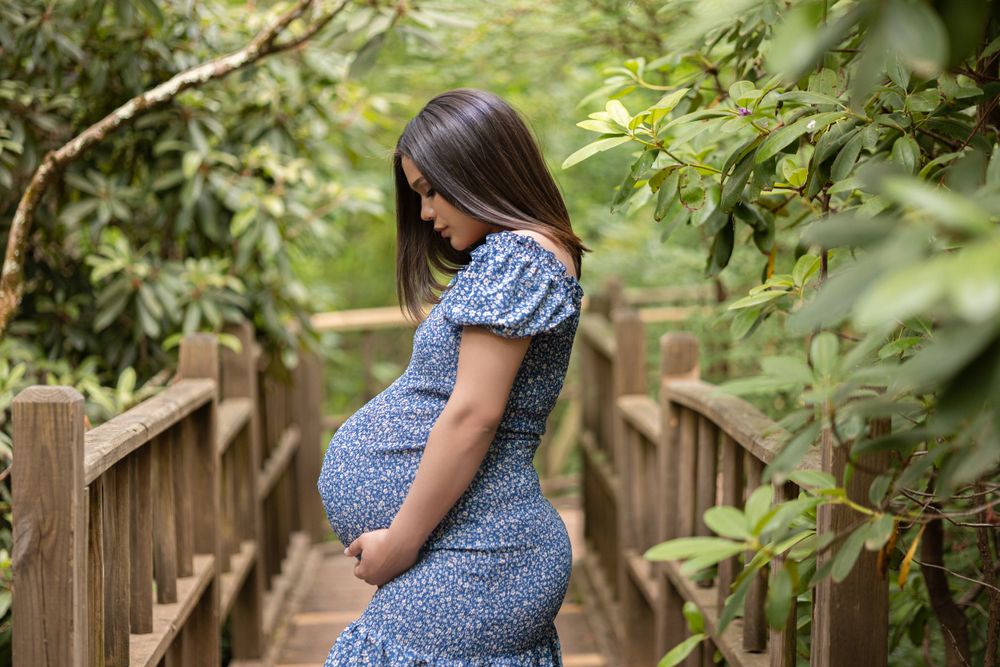 An expectant mother in a blue floral dress stands on a wooden bridge surrounded by greenery.