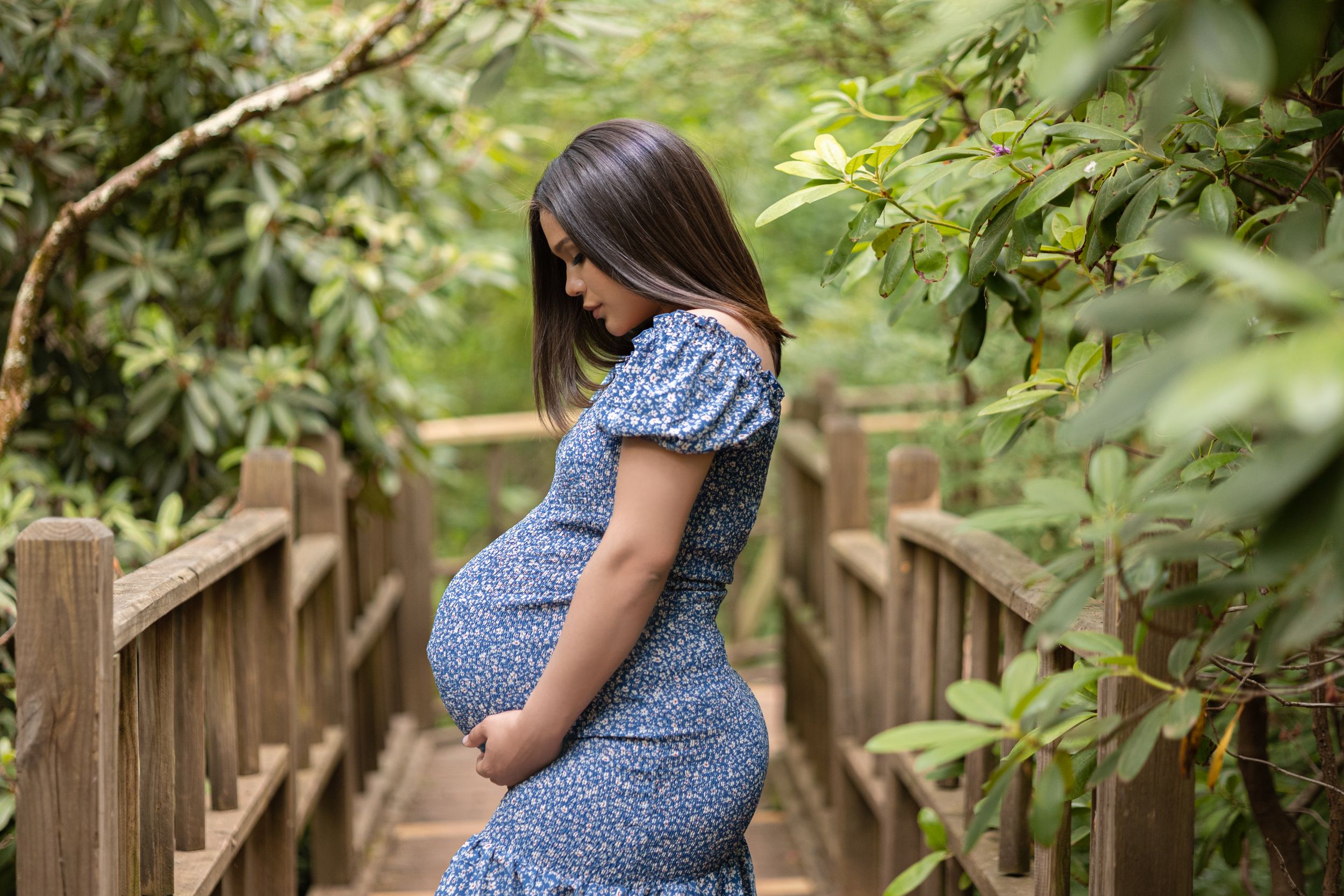 An expectant mother in a blue floral dress stands on a wooden bridge surrounded by greenery.
