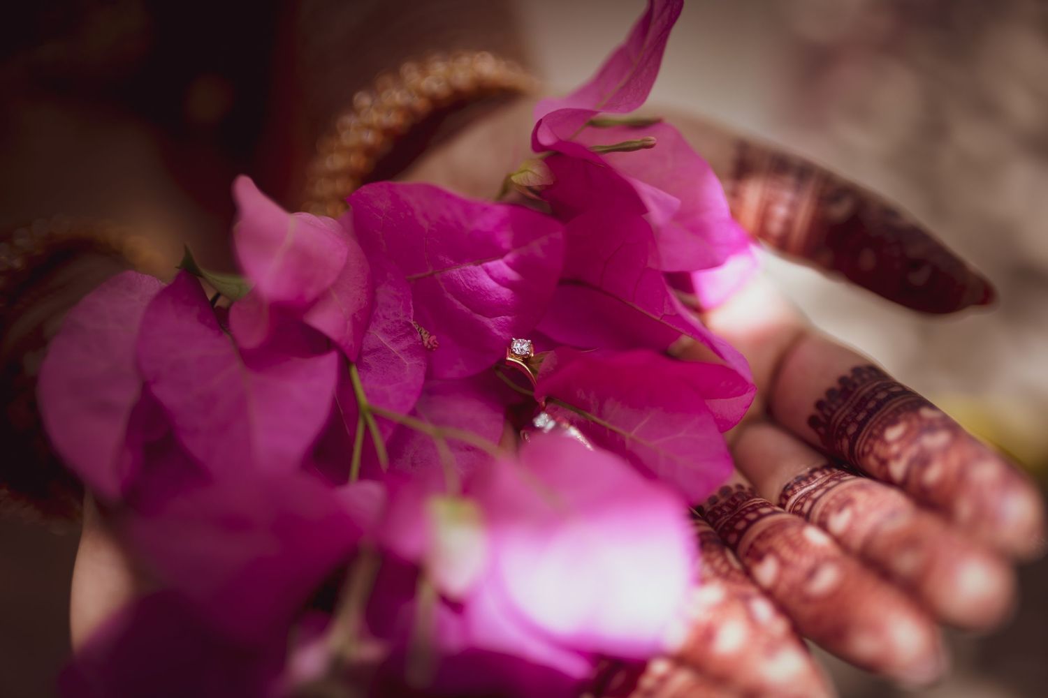 A beautiful detail shot of wedding rings nestled within bougainvillea flowers