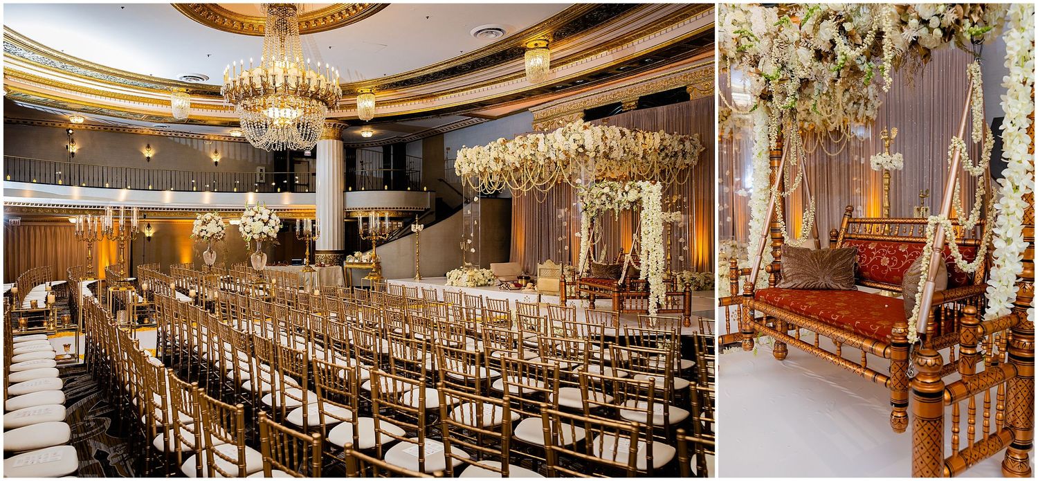 Luxurious ballroom wedding venue with gold chiavari chairs and crystal chandeliers in elegant setup.