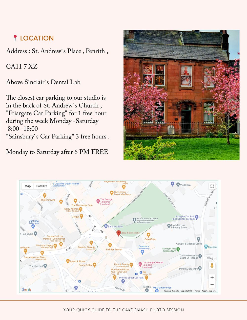Photo studio location information with image of brick building and map.