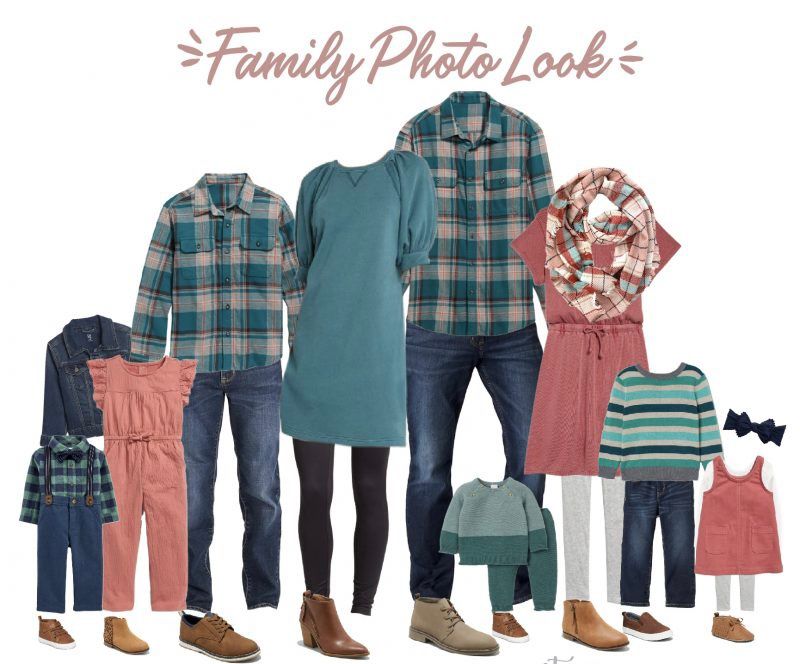 Family clothing guide featuring teal, pink and plaid patterns for coordinated photos.