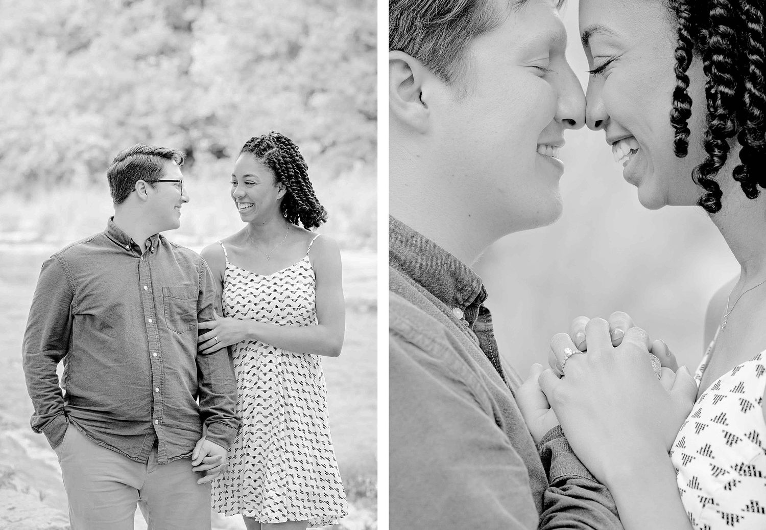 Black and white engagement photos showing intimate moments by a natural outdoor setting.