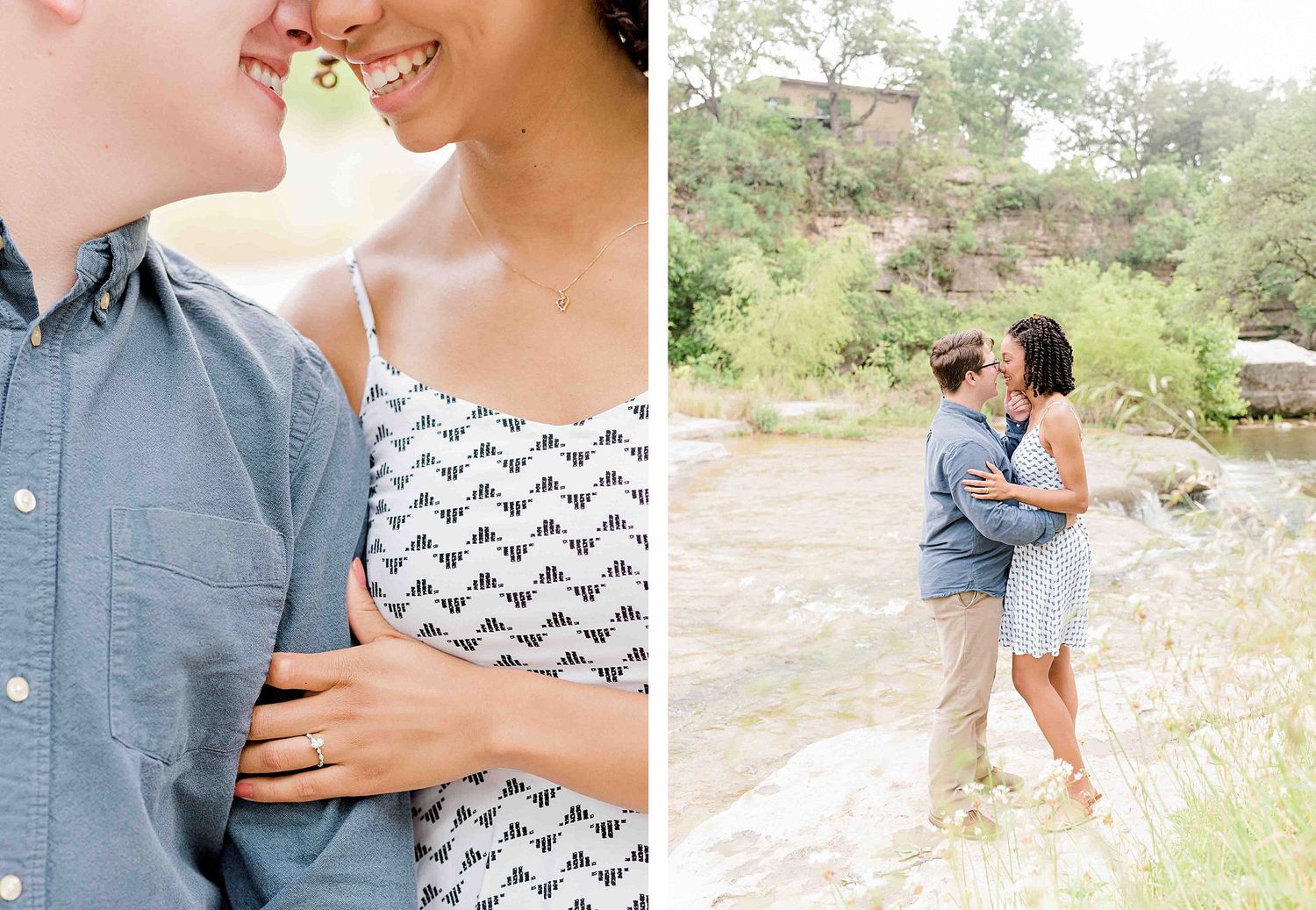 A couple shares an intimate moment by the river, with one wearing blue and the other in a patterned dress.