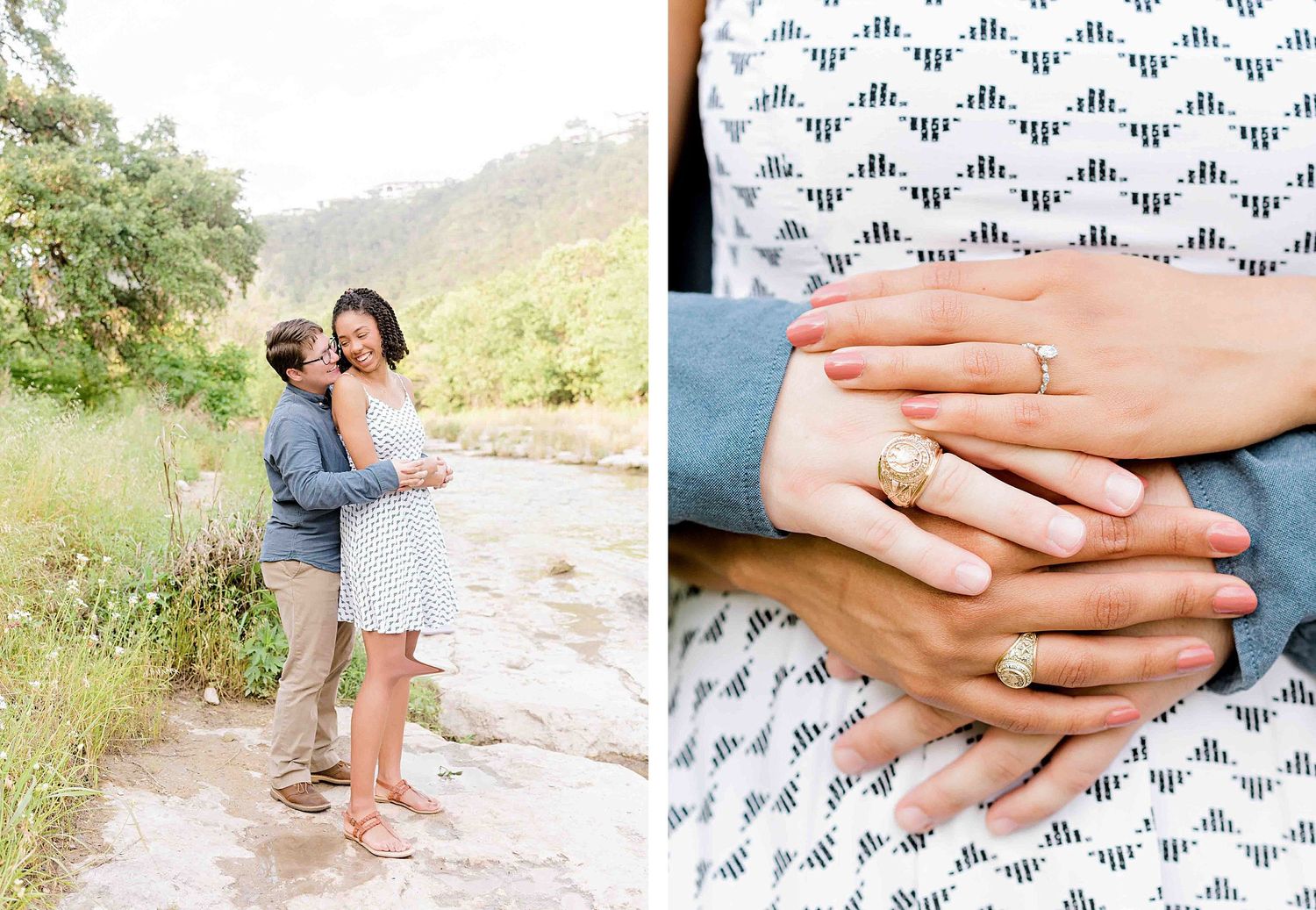 Romantic couple photos by a river with a close-up of hands embracing.