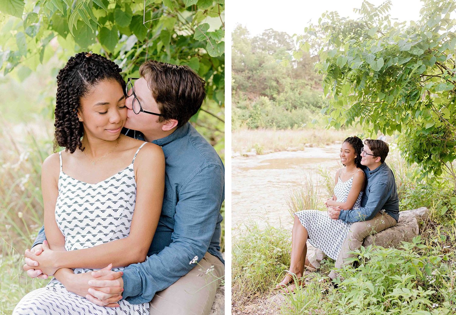 Sweet candid moments captured during an engagement photoshoot in a natural setting.