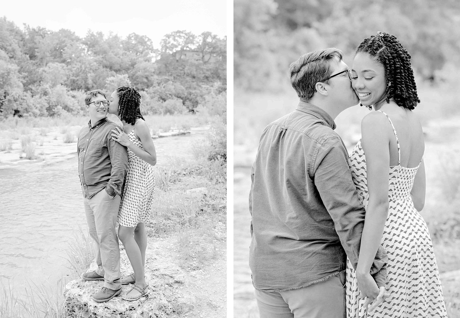 Black and white engagement photos captured in a natural outdoor setting.