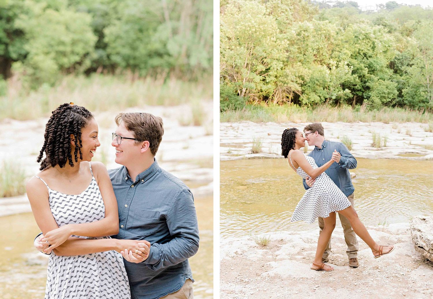 Romantic couples pose together at a riverside location during an engagement photoshoot.