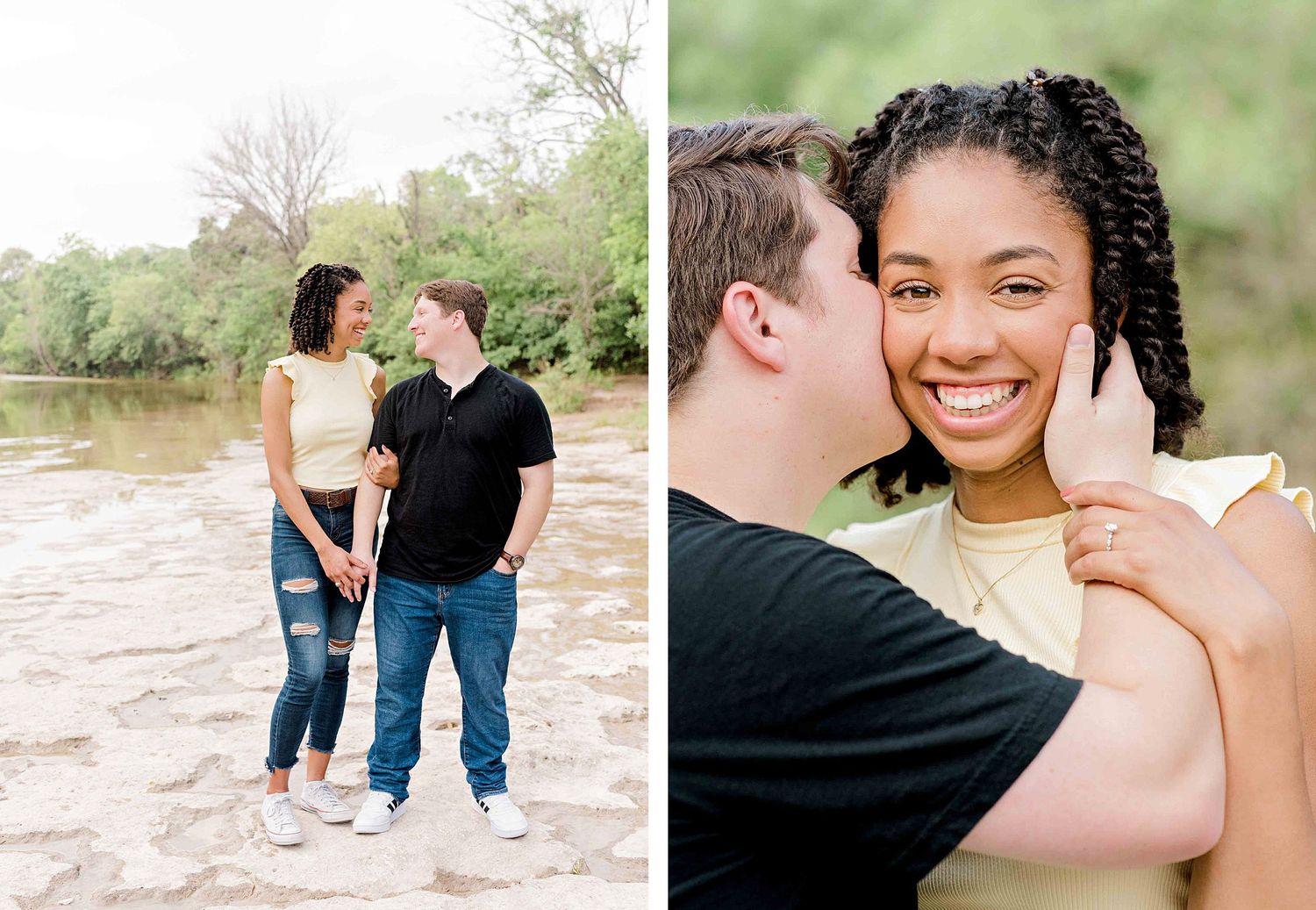 An affectionate couple shares intimate moments during their riverside photoshoot session.
