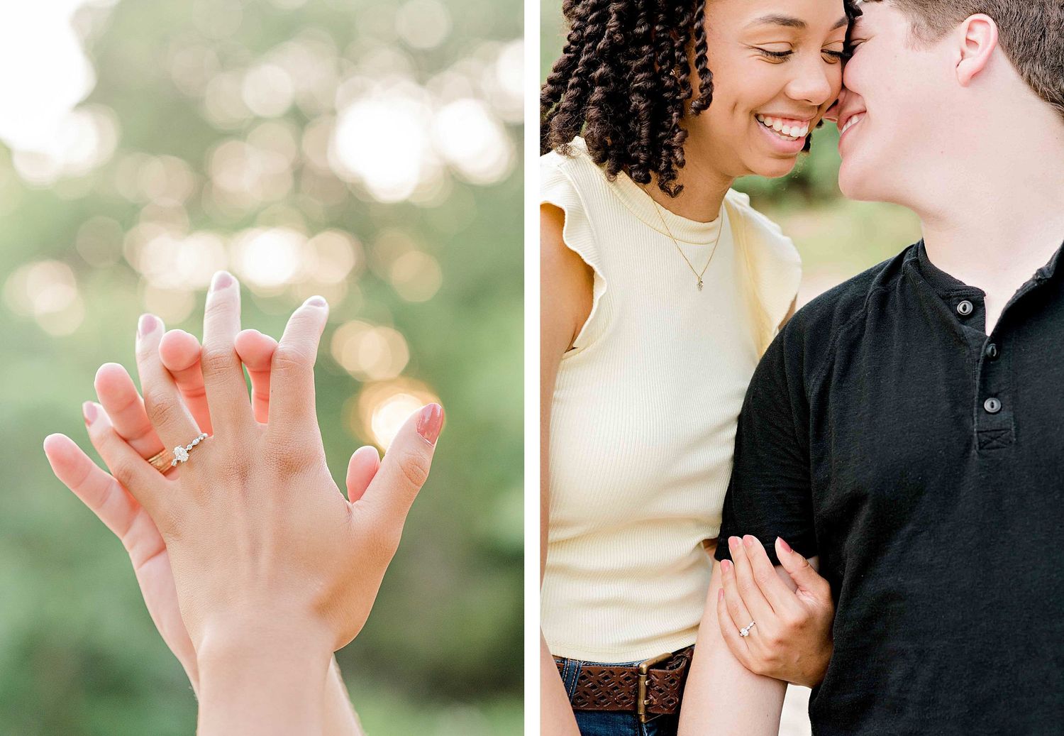 A close-up of hands showing an engagement ring alongside an intimate couple's portrait.