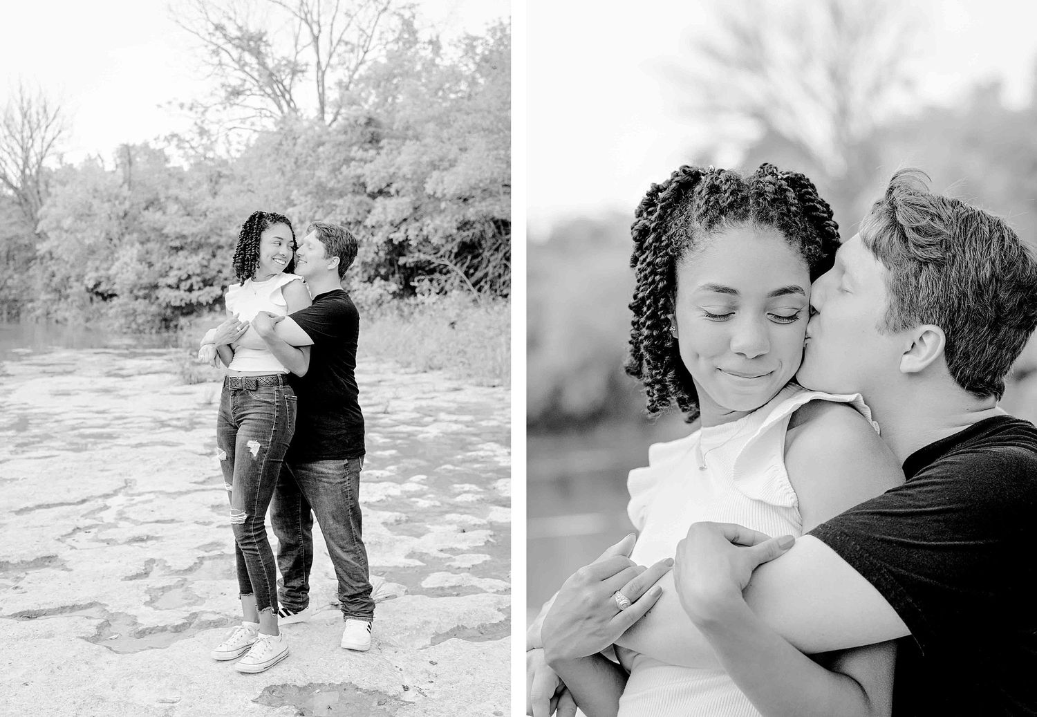 Black and white portraits of a couple sharing romantic moments by the river.