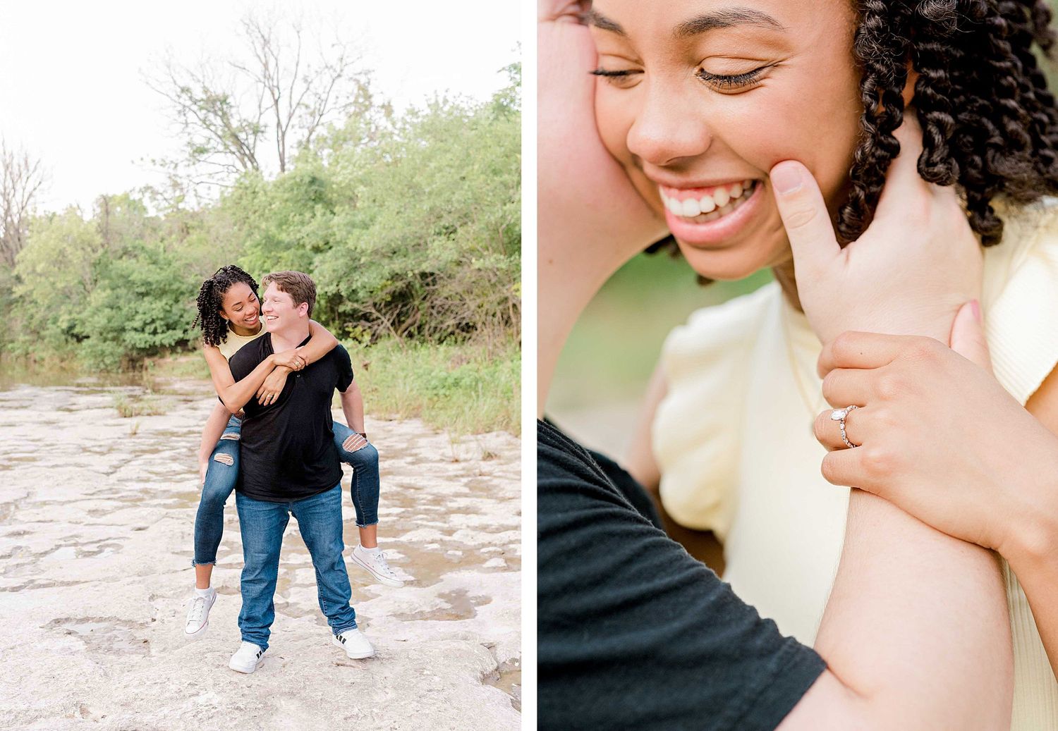 Two joyful people embrace and laugh together outdoors by a river.