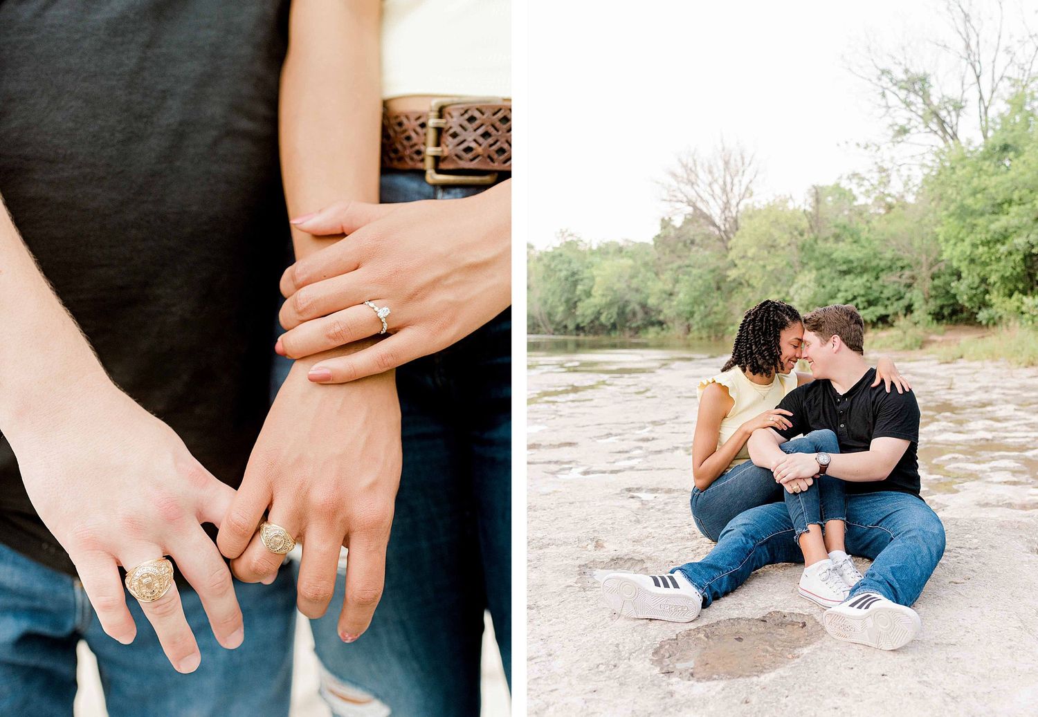 Close-up of a couple holding hands while sitting on rocks near a river.