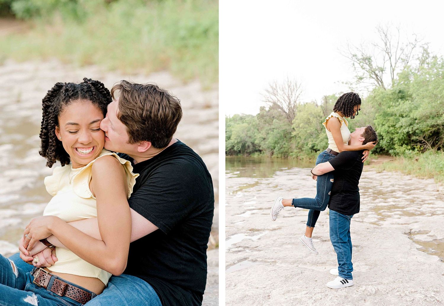 A couple shares an intimate moment while sitting and embracing on rocks by the water.