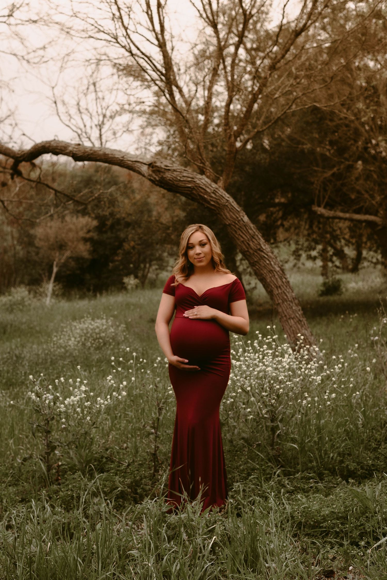 Serene maternity portrait under a curved tree branch in a field of white wildflowers.