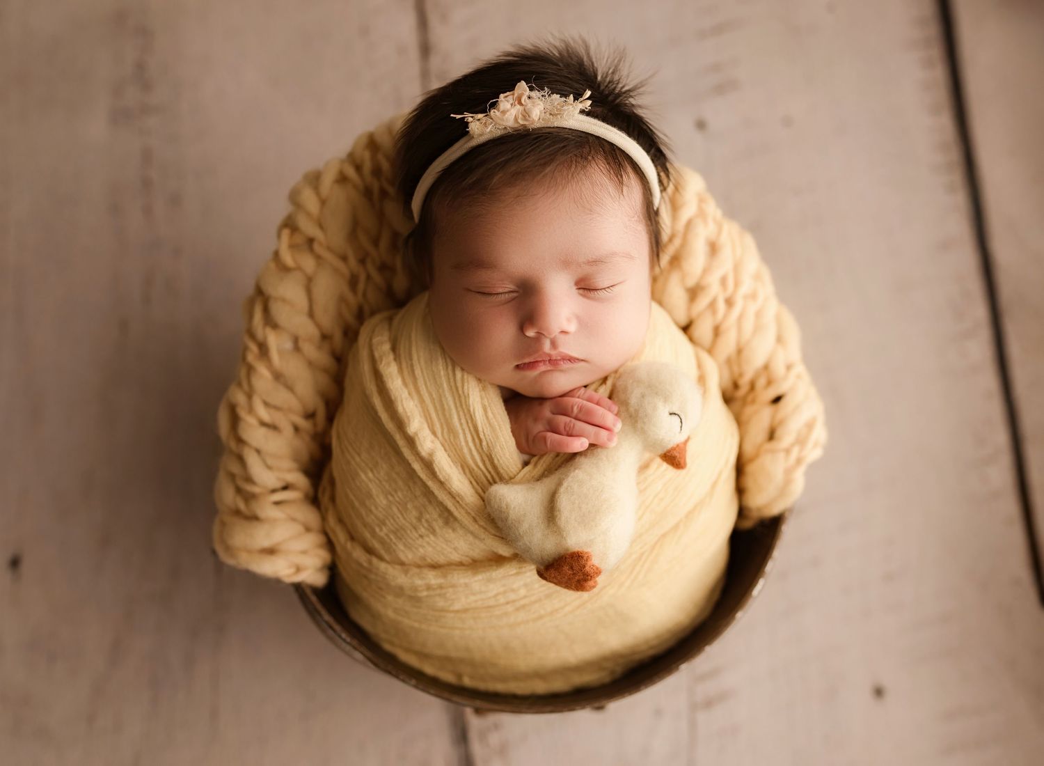 baby girl in yellow swaddle holding chick prop, moreno valley newborn photographer