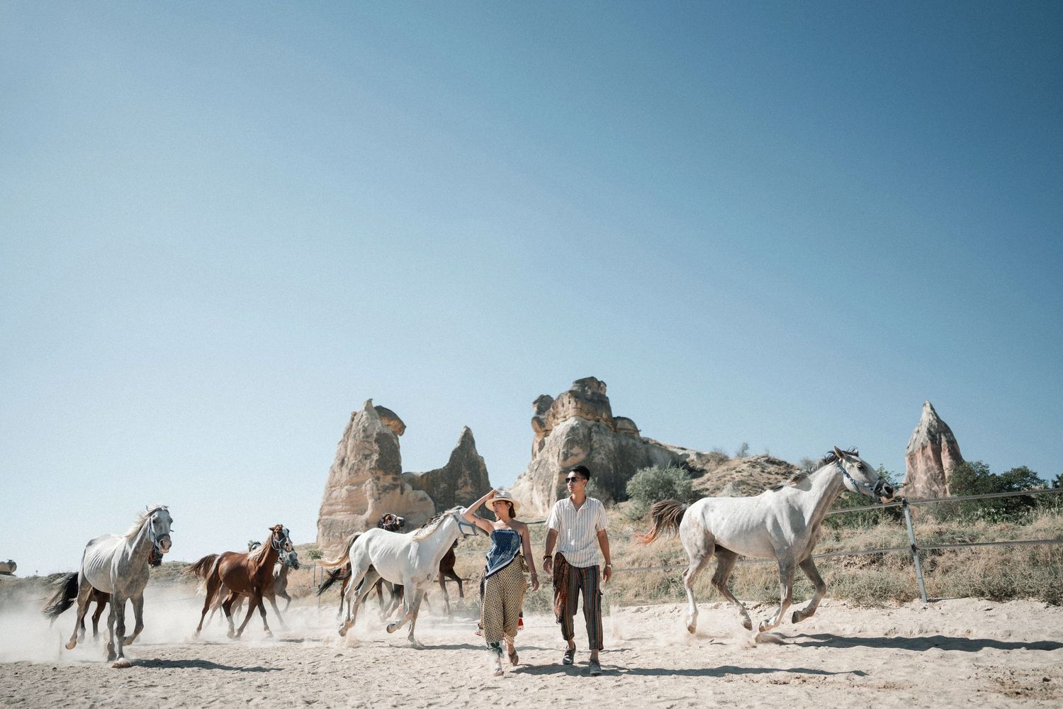 A group of horses and riders traverse a desert landscape with dramatic rock formations in the background.
