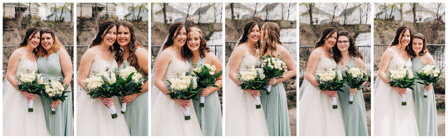 collage of bride with each of her bridesmaids posing in front of a waterfall for portraits
