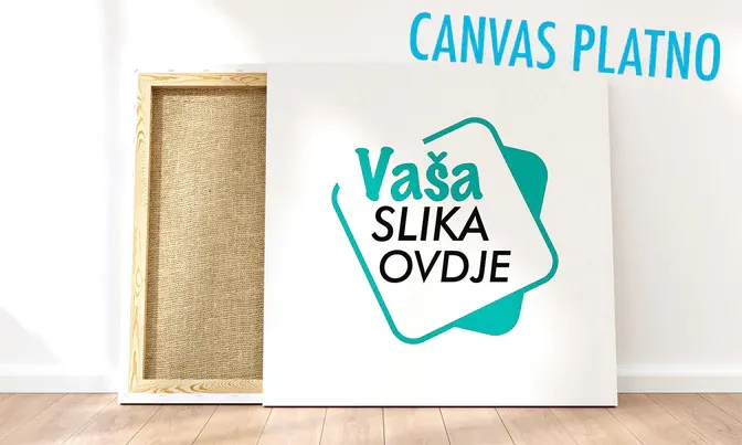 Empty white canvas with turquoise 'Vasa SLIKA OVDJE' text placeholder against white wall.