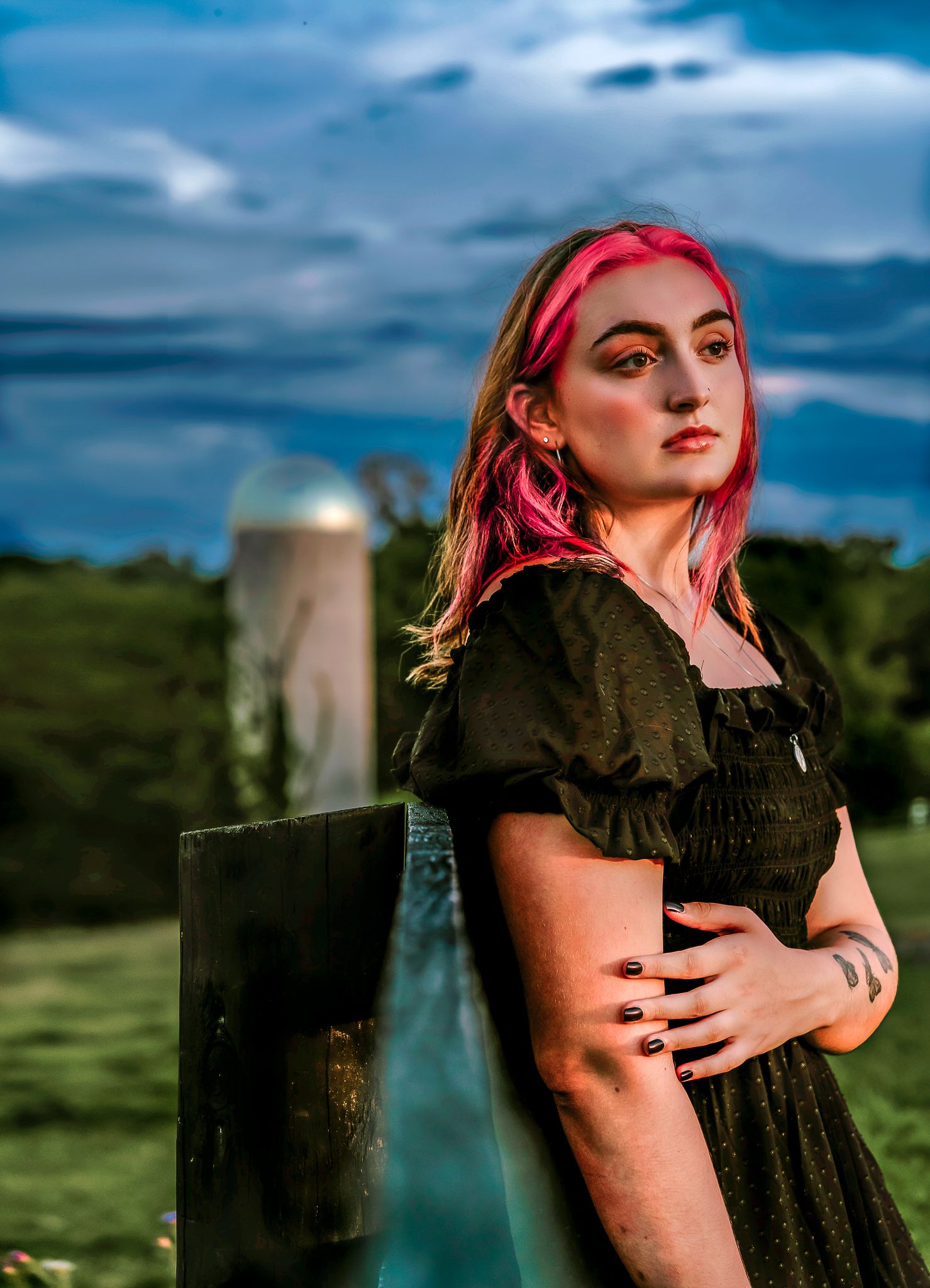 Dramatic outdoor photoshoot with pink hair against cloudy sky and industrial backdrop.