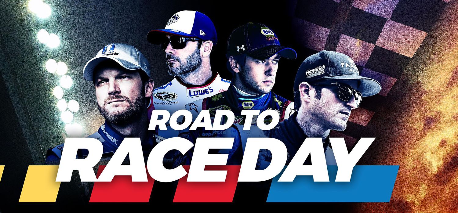 Racing themed promotional banner with 'Road to Race Day' text and dramatic lighting effects.
