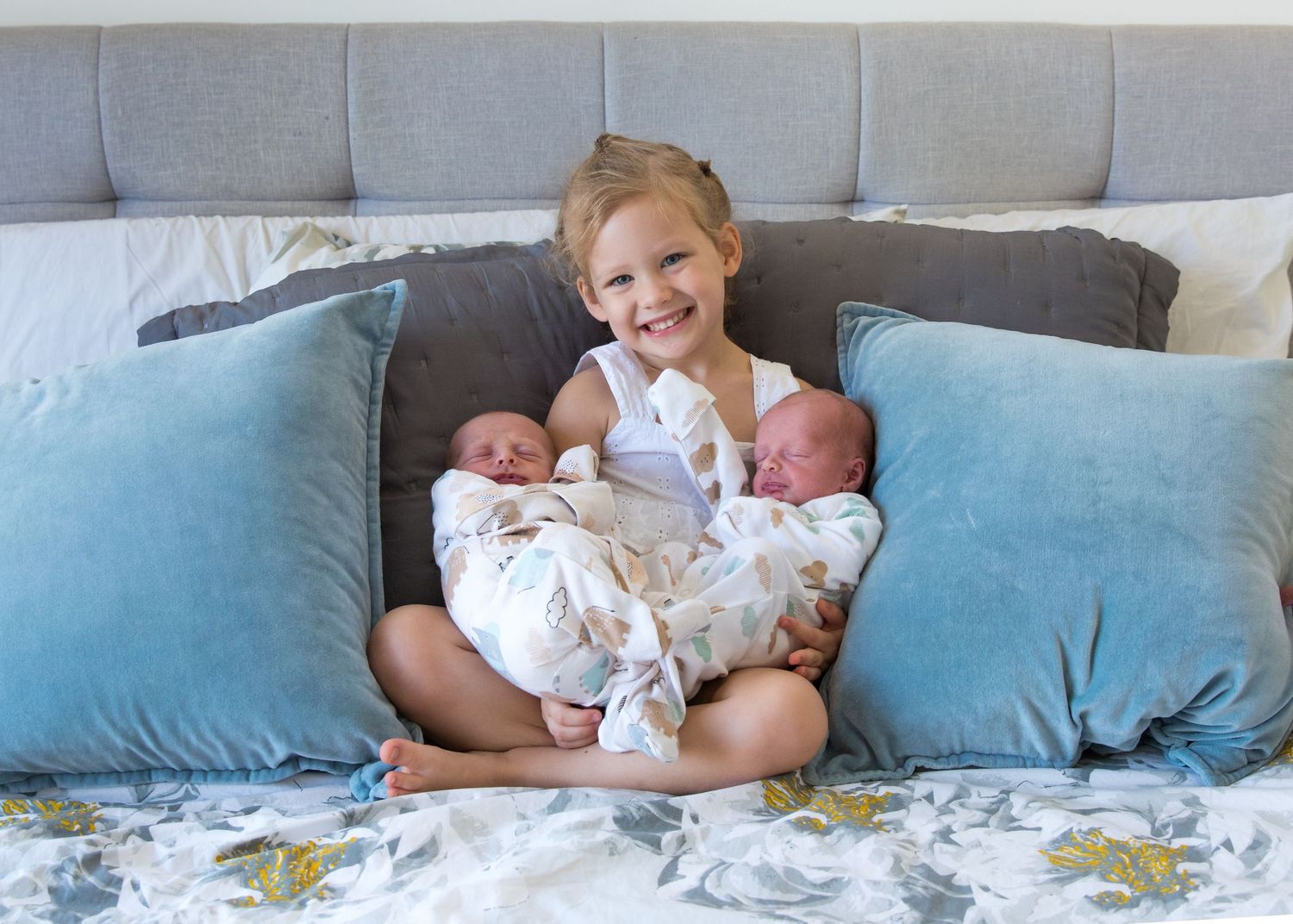 newborn twins at-home photoshoot, blue colour scheme