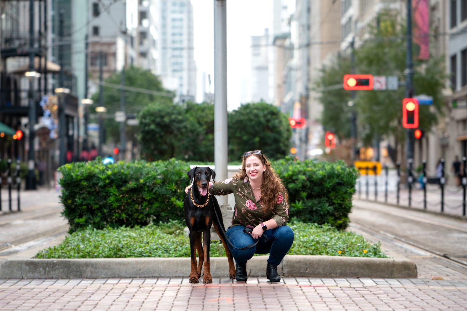 Two dogs and their companion posing together on an urban street median.