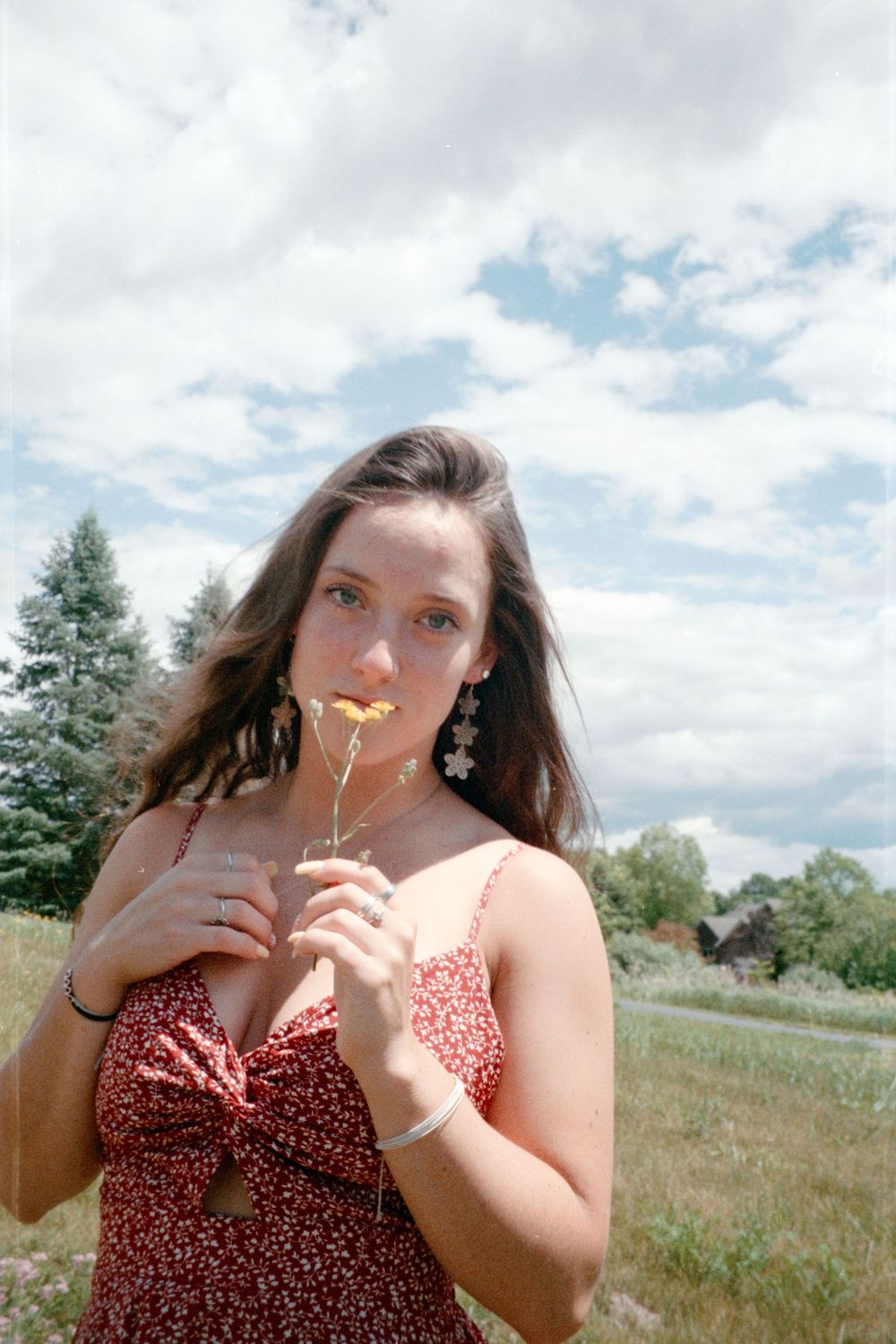 Someone in a red floral dress holds a yellow flower while standing in a sunny meadow.