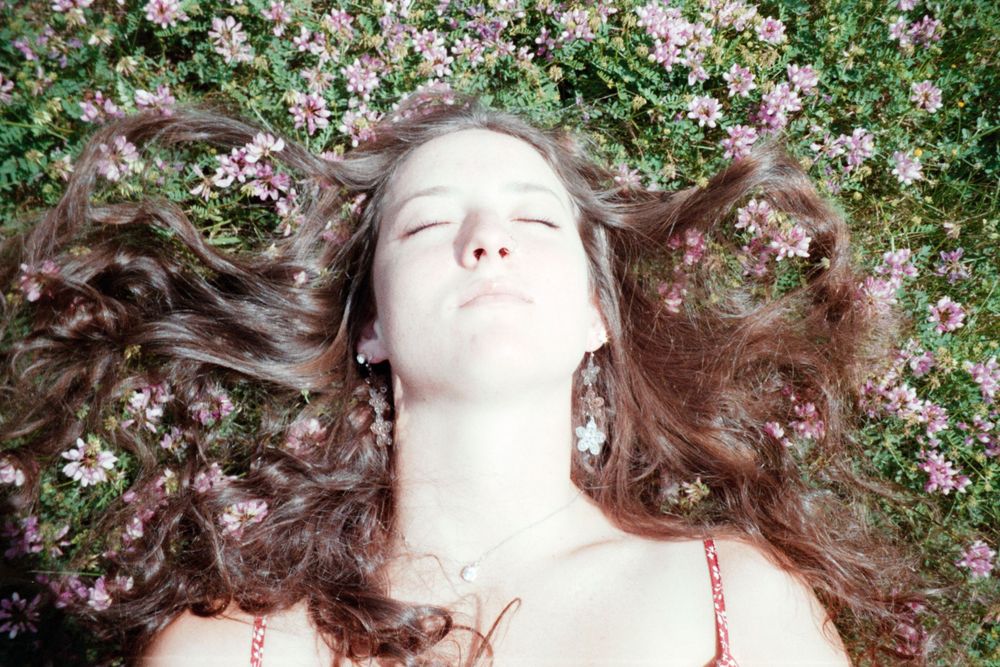 An artistic overhead shot of someone with long hair surrounded by delicate pink flowers.