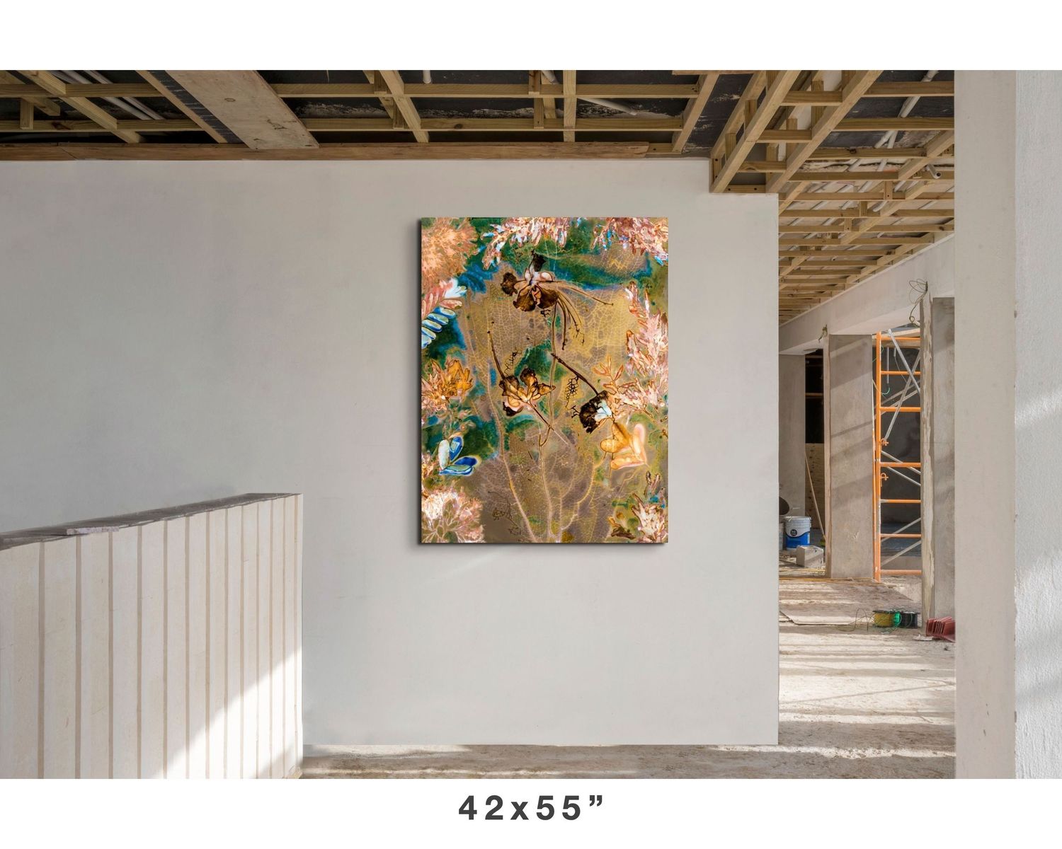 An in situ mockup of a cyanolumen print by Fine artist Logan C Thomas Barbados for QP Bistro the Cliff, St James
