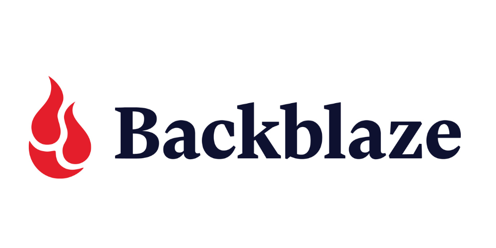Backblaze logo featuring red flame icon with navy blue text wordmark.