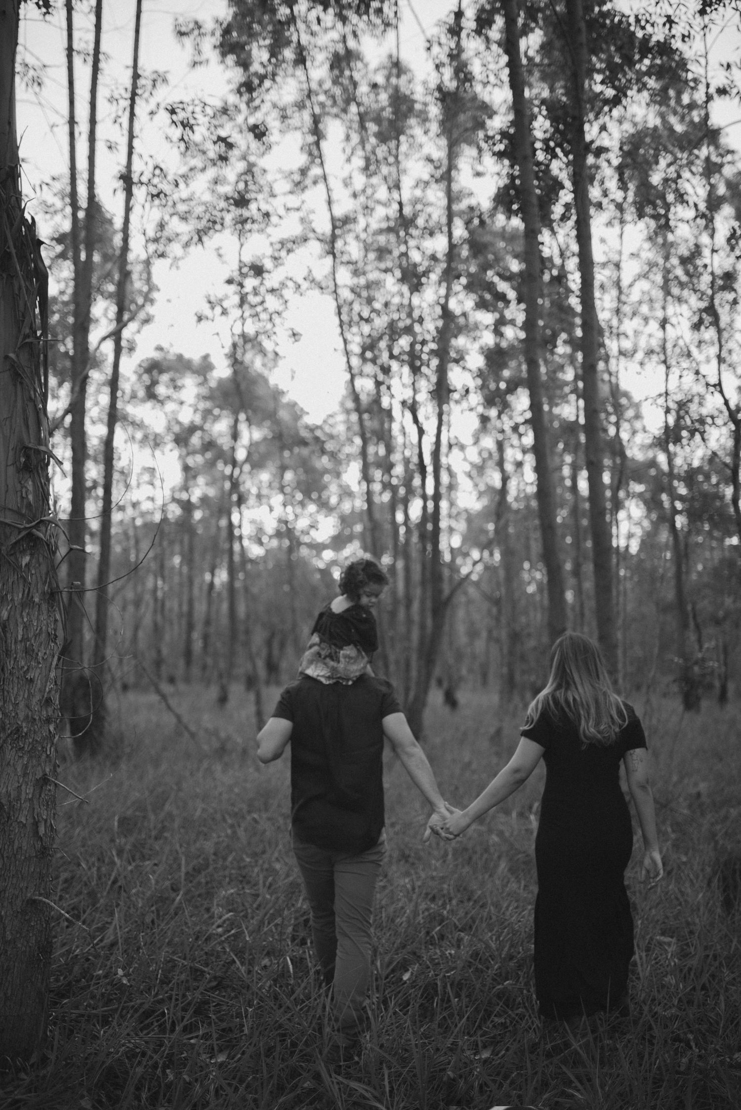 A couple walks hand in hand through a misty forest with tall trees in black and white.